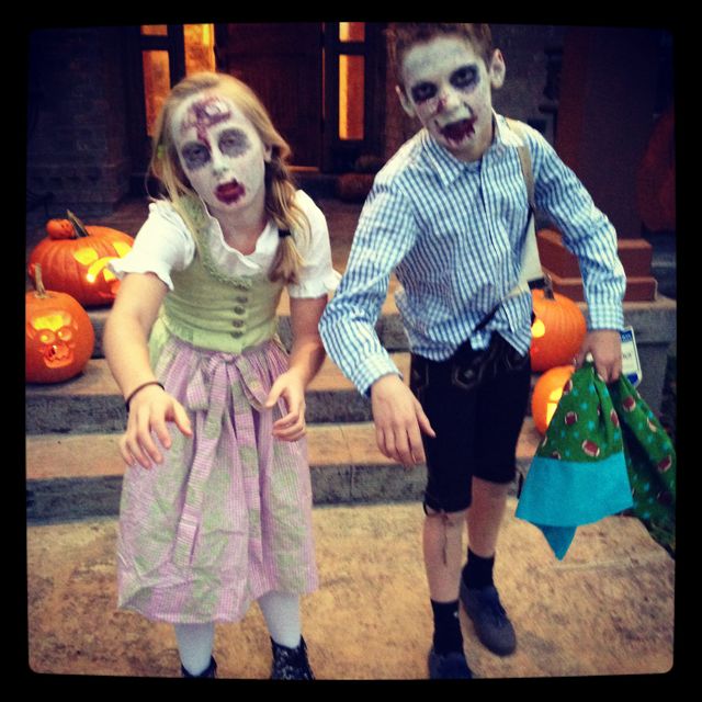Hansel and Gretel Zombies just in case you were wondering. I brought home the lederhoisen and dirndl and hoped they'd wear them -they added their own twist.